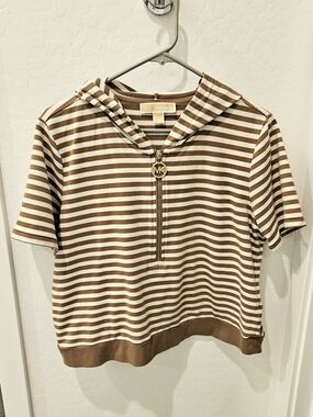 Michael Kors Brown & White Striped Hoodie with Gold MK Pull